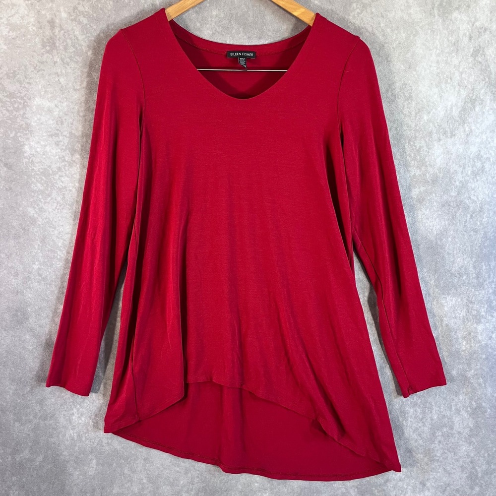 Eileen Fisher Tunic Top Women S Red V-Neck High-Low Long Sleeve Jersey Minimal